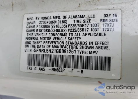 2016 Honda Odyssey Lx z USA, uszkodzony, nr VIN 5FNRL5H21GB091261